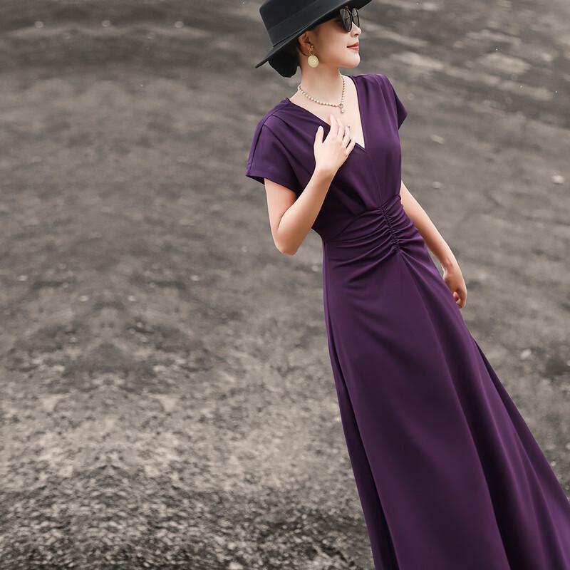 Lanseer Elegant V-Neck Pleated Purple Midi Dress