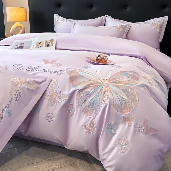 Light Luxury 100% Cotton Embroidered 4-Piece Bedding Set with Rounded Corner Sheets