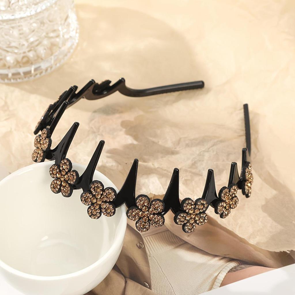Korean Sparkly Rhinestone Flower Wavy Black Headband with Non-slip Teeth for Women