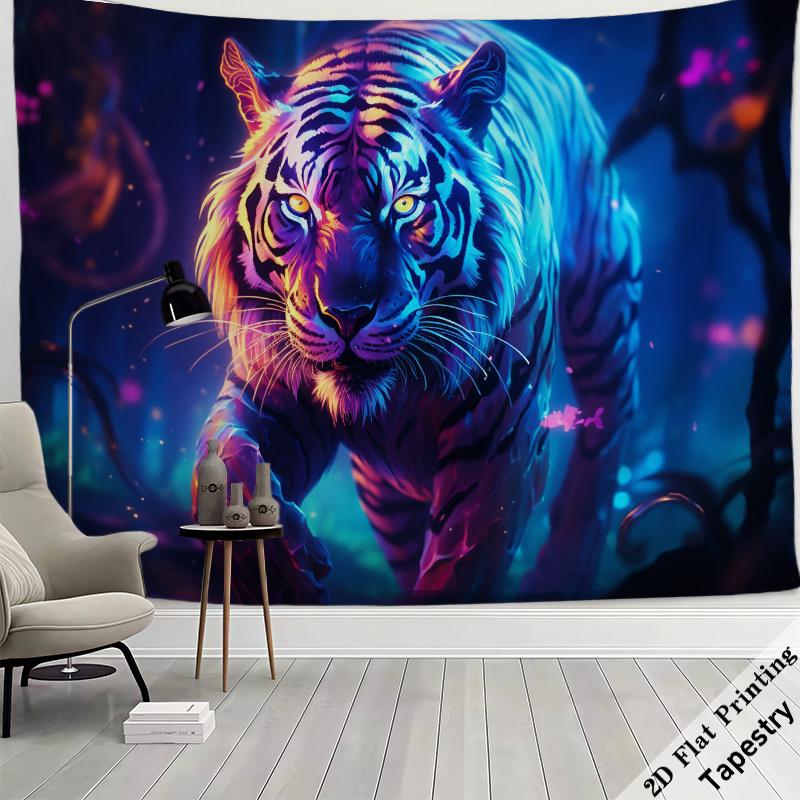 Majestic Neon Glowing Tiger Tapestry Wall Hanging Jungle Wildlife Art Decor Boho Home Accent 180x280cm