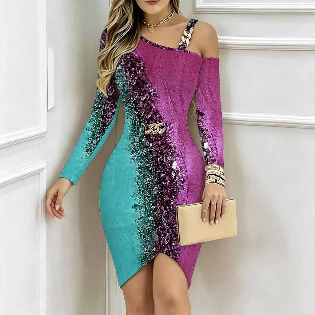 Women Plus Size Asymmetric Cold Shoulder Long Sleeve Beige Gold Marble Print Irregular Wrap Bodycon Midi Dress