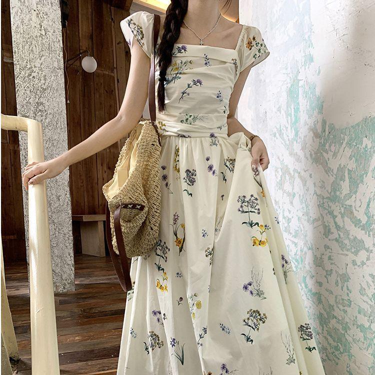 French square collar small flying sleeve floral dress children's summer new waist backless temperament a word long dress