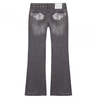 Damen Jeans mit Stickerei und Pailletten Low Rise Weiter Bein Gerader Schnitt Übergröße Komfort Passform