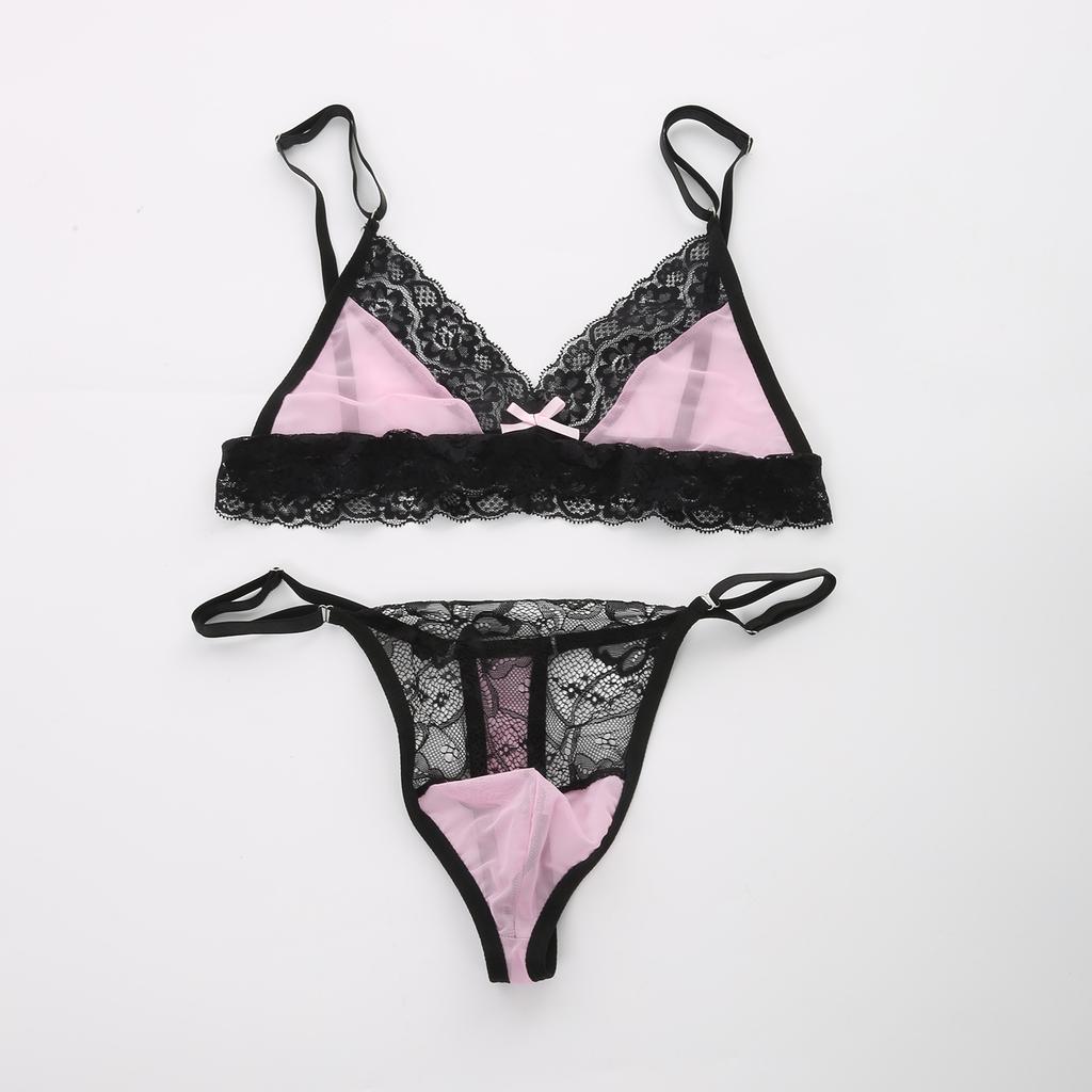 Conjunto de Lencería Sissy para Hombre con Ribete de Encaje Malla Transparente Sujetador Tanga Conjunto de Ropa Interior Outfits Exóticos para Crossdresser Gay Femboy Exótico Ropa de Dormir de 2 Piezas