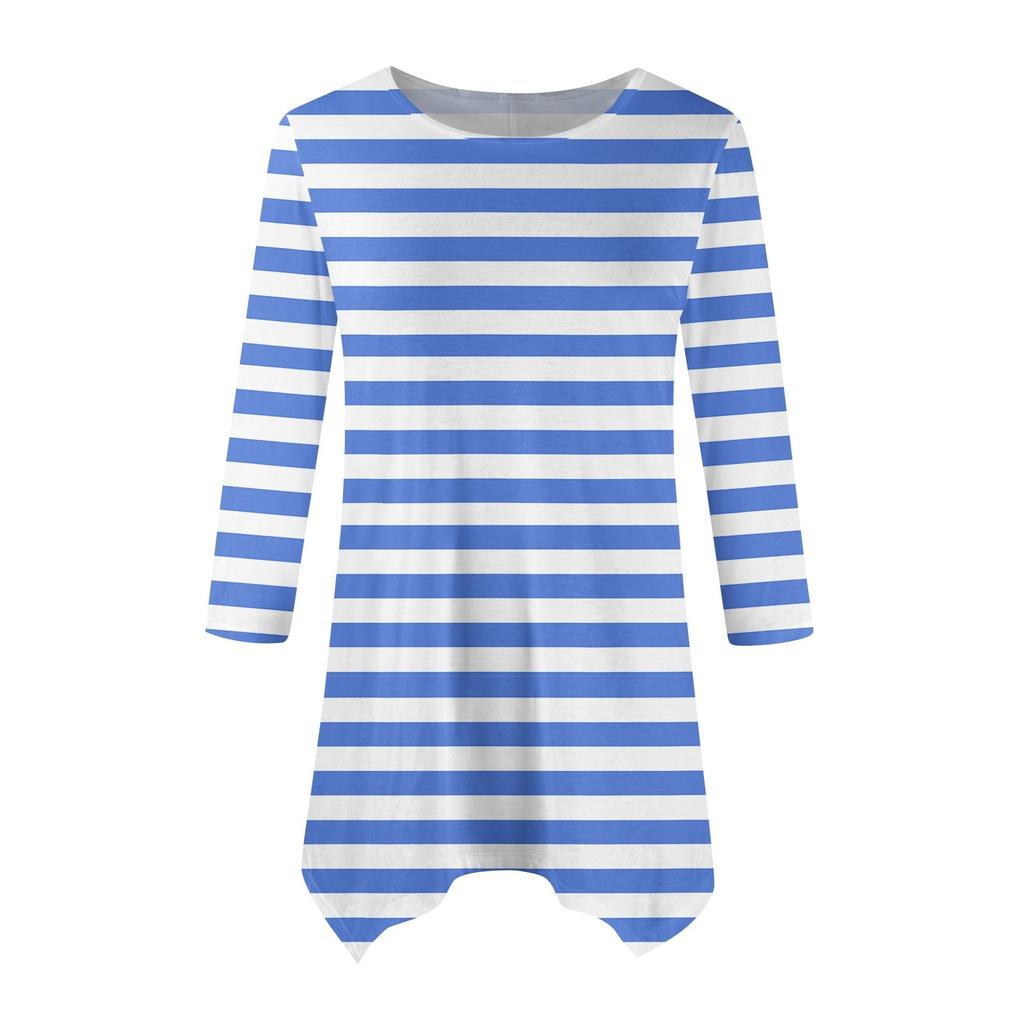 Women's Fashion Casual Round Neck Striped Printed Seven-point Sleeve Shirt Belted Loose Comfortable Top