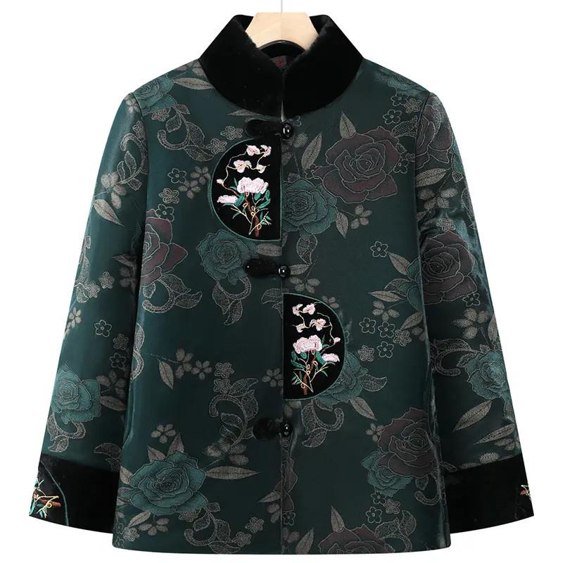 Vintage Chinese Style Winter Cotton-Padded Jacket with Fleece Lining for Middle-Aged and Elderly Women