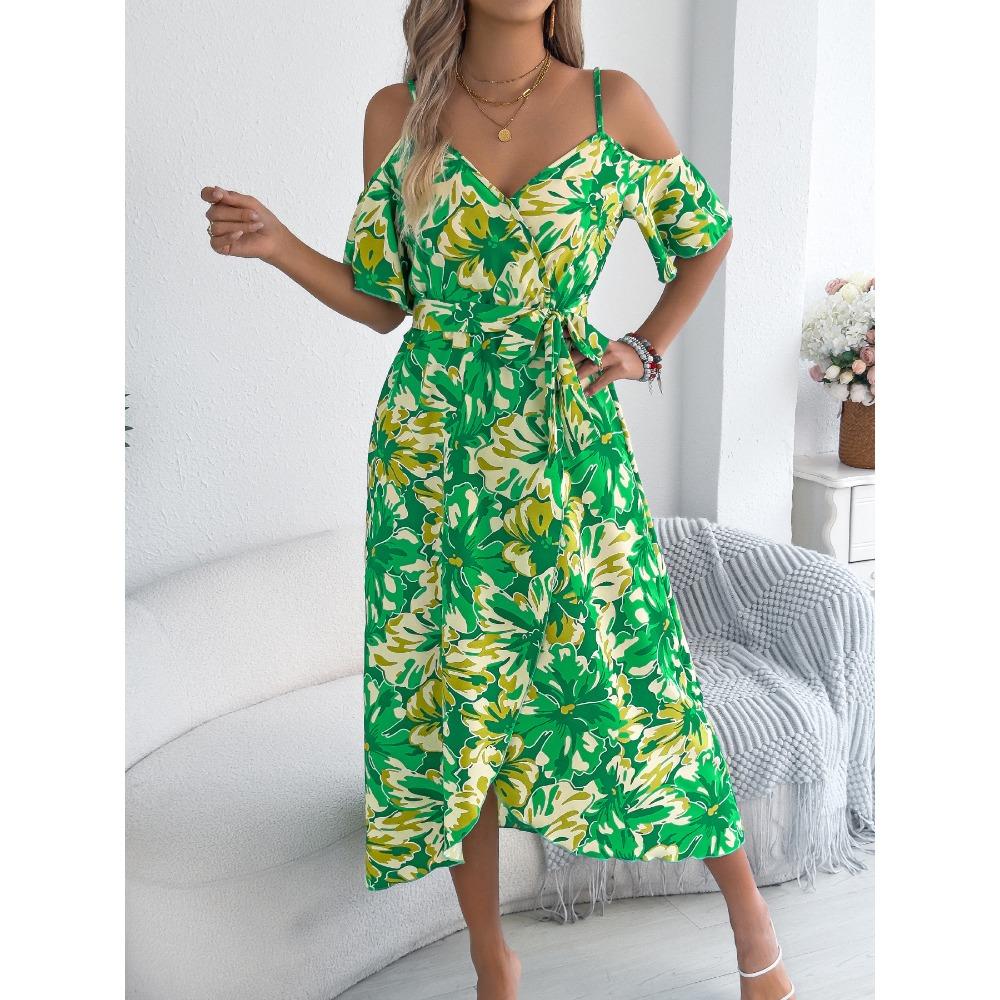 Spring Summer Strapless Cross V Neck Floral Halter Long Holiday Dresses Women