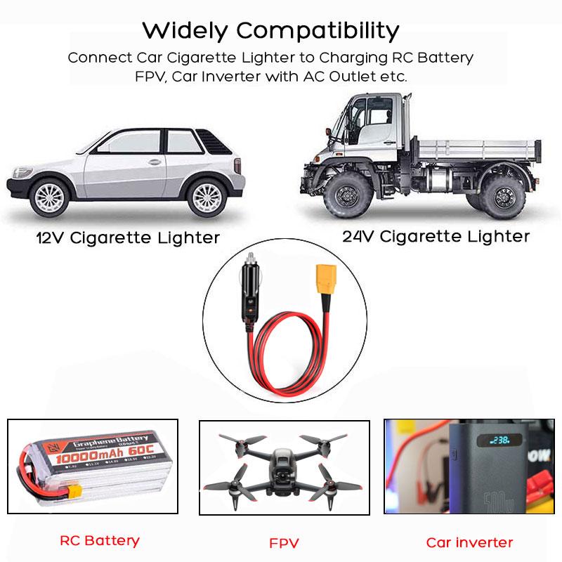 12AWG 1.5m/5FT XT90 Male To Car Cigarette Lighter Extension Charging Cable for Baseus 500W Car Inverter FPV Model RC Battery.