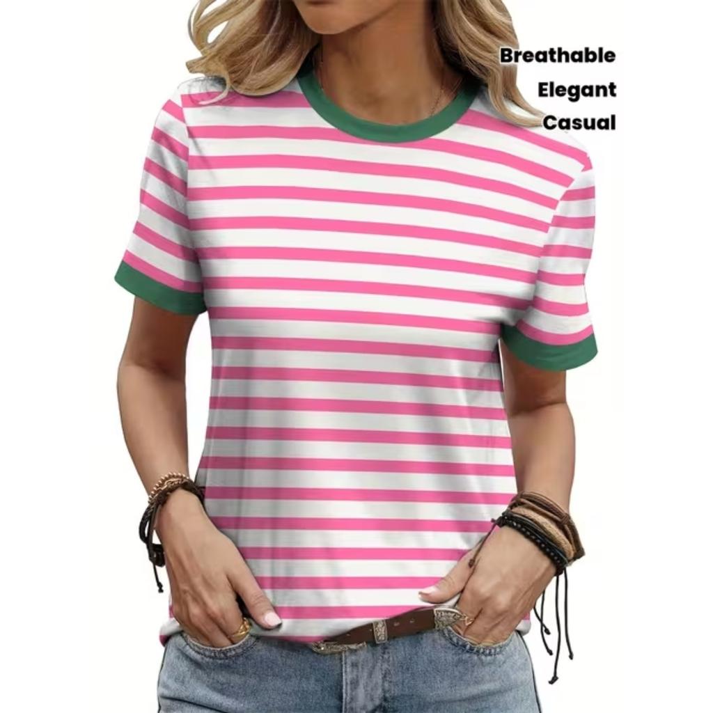 Mode Dam Horisontella Ränder Tryck T-shirt Rolig Casual Rund Hals Kortärmad T-shirt Sommar Dam Tee Shirt