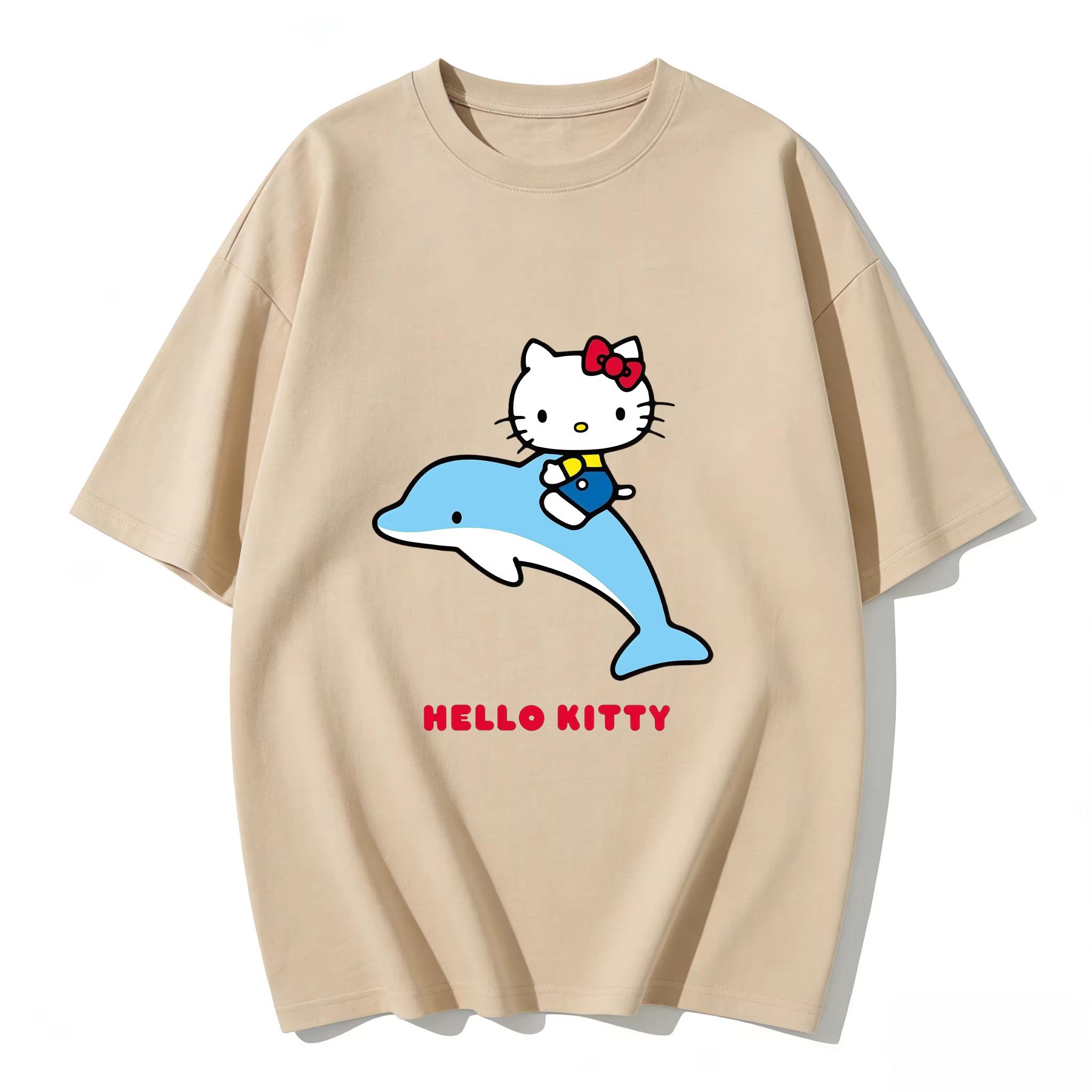 

2026 Summer Hello Kitty Cartoon Printed Short Sleeve Pure Comfortable summer Womens Tshirt loose and fashionable S
