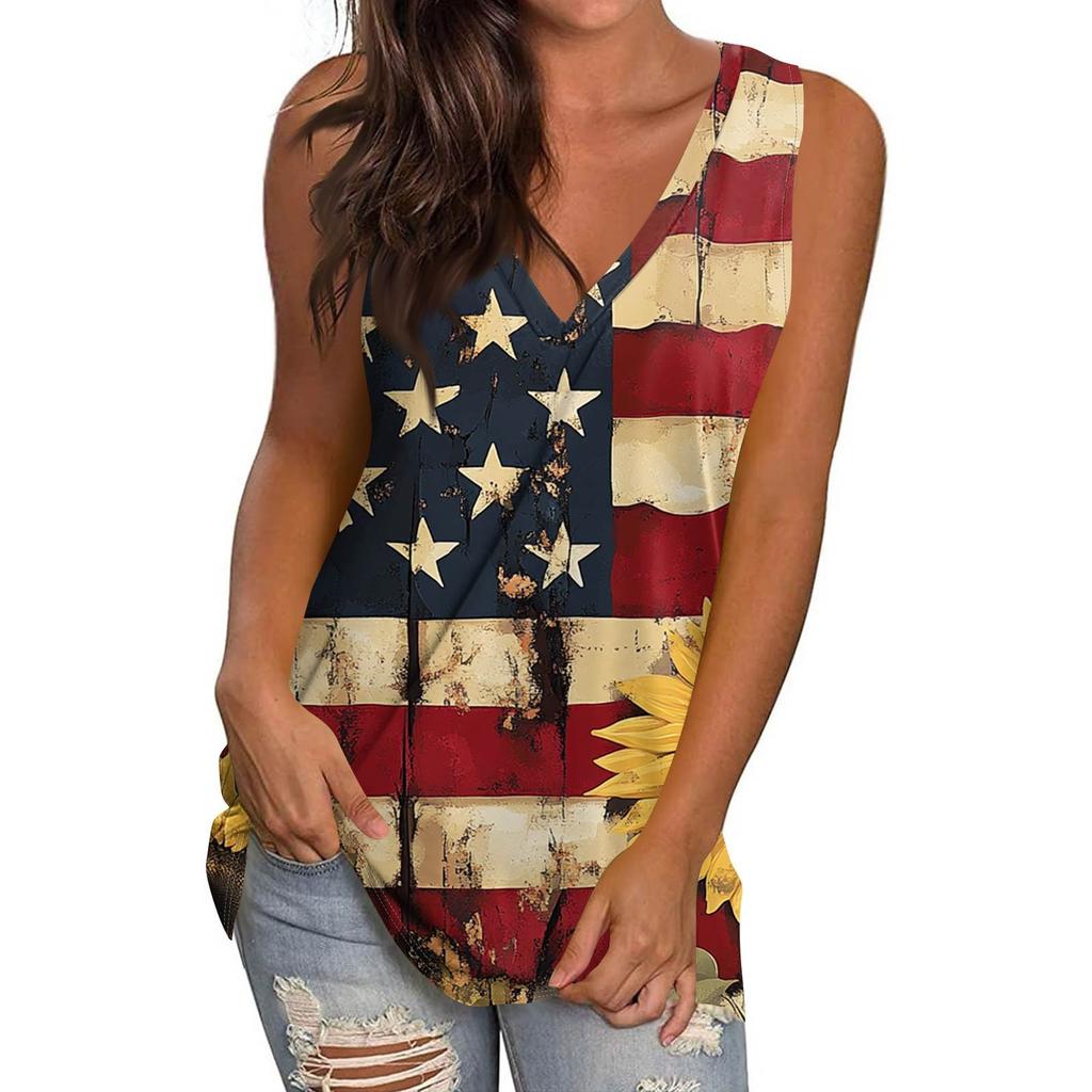 Women's Casual Fashion V-Neck Sleeveless Pullover Top Independence Day Printed Vest T-Shirt