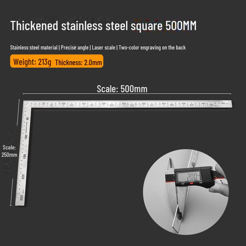 Thickened Stainless Steel L-Shaped Right Angle Ruler, 90 Degree, 300/500/600mm for Woodworking & Decoration.