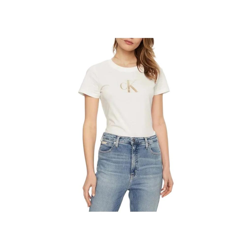 Calvin Klein Letter Print Slim Fit Round Neck Short Sleeve T-Shirt Women Tops White J20J224982-YAF