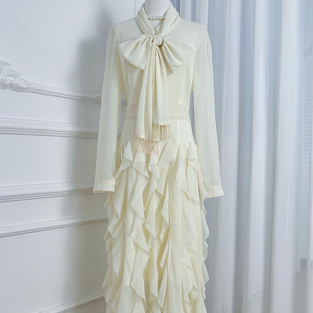 Women's Bow Tie Neck Long Sleeve Maxi Dress Slim Fit High Waist Elegant Ruffle A Line Dress