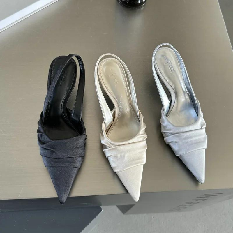 2024 Sandals Women's Summer New Pointy Pumps Back Empty Single Shoe Satin Ribbon High Heels