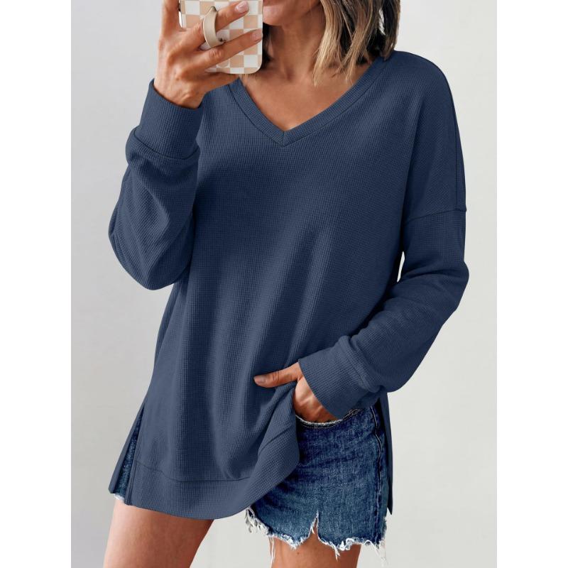 Women S V Neck Loose Long Sleeve Waffle Knit Solid T Shirt