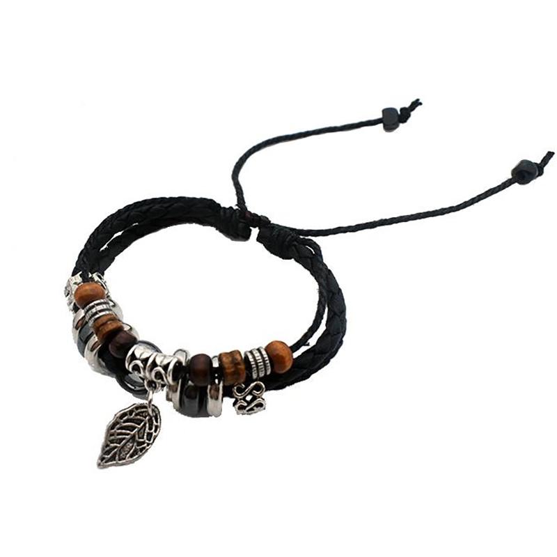 Leather Braided String Vintage Style Leaf Design Men For Women Wear Bracelet