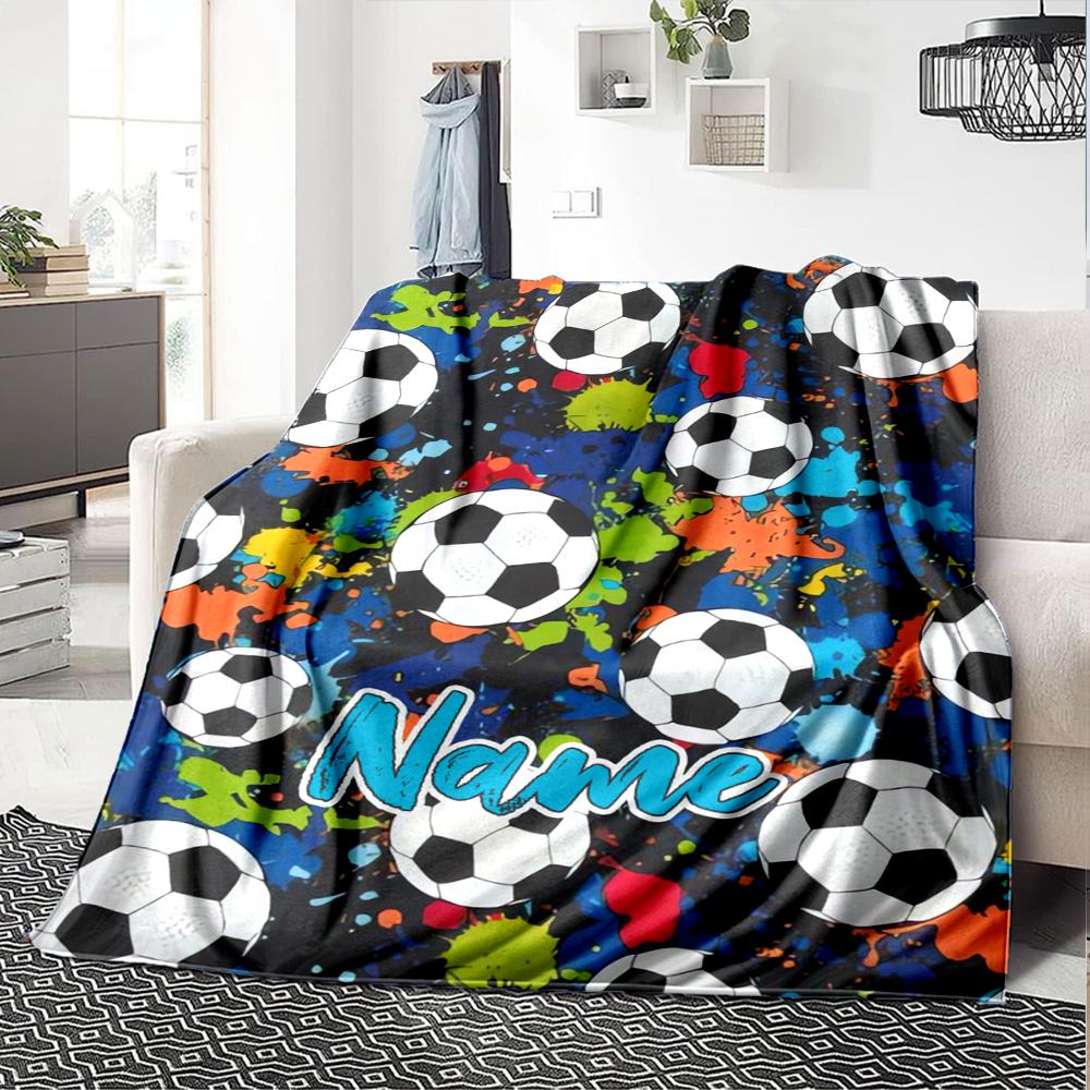Custom Name Soccer Theme Printed Blanket - Perfect for Couch, Bed, Travel & Outdoor Use | Machine Washable, Cozy & Durable.