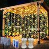 2 Pack Upgraded Solar Curtain Lights Remote Control, Outdoor Garden Lights 300 LED 8 Modes Waterproof Solar Waterfall Fairy String Lights Decoration