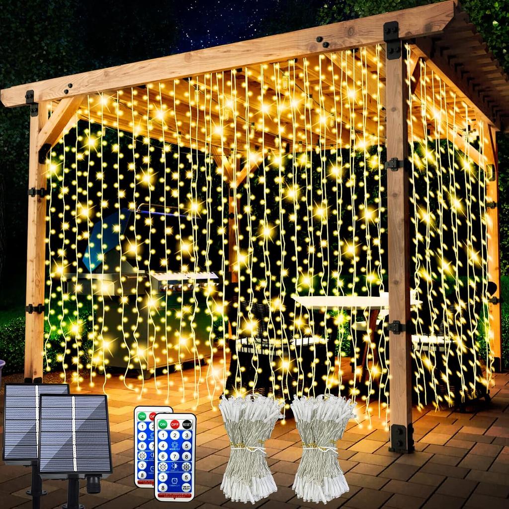 2 Pack Upgraded Solar Curtain Lights Remote Control, Outdoor Garden Lights 300 LED 8 Modes Waterproof Solar Waterfall Fairy String Lights Decoration
