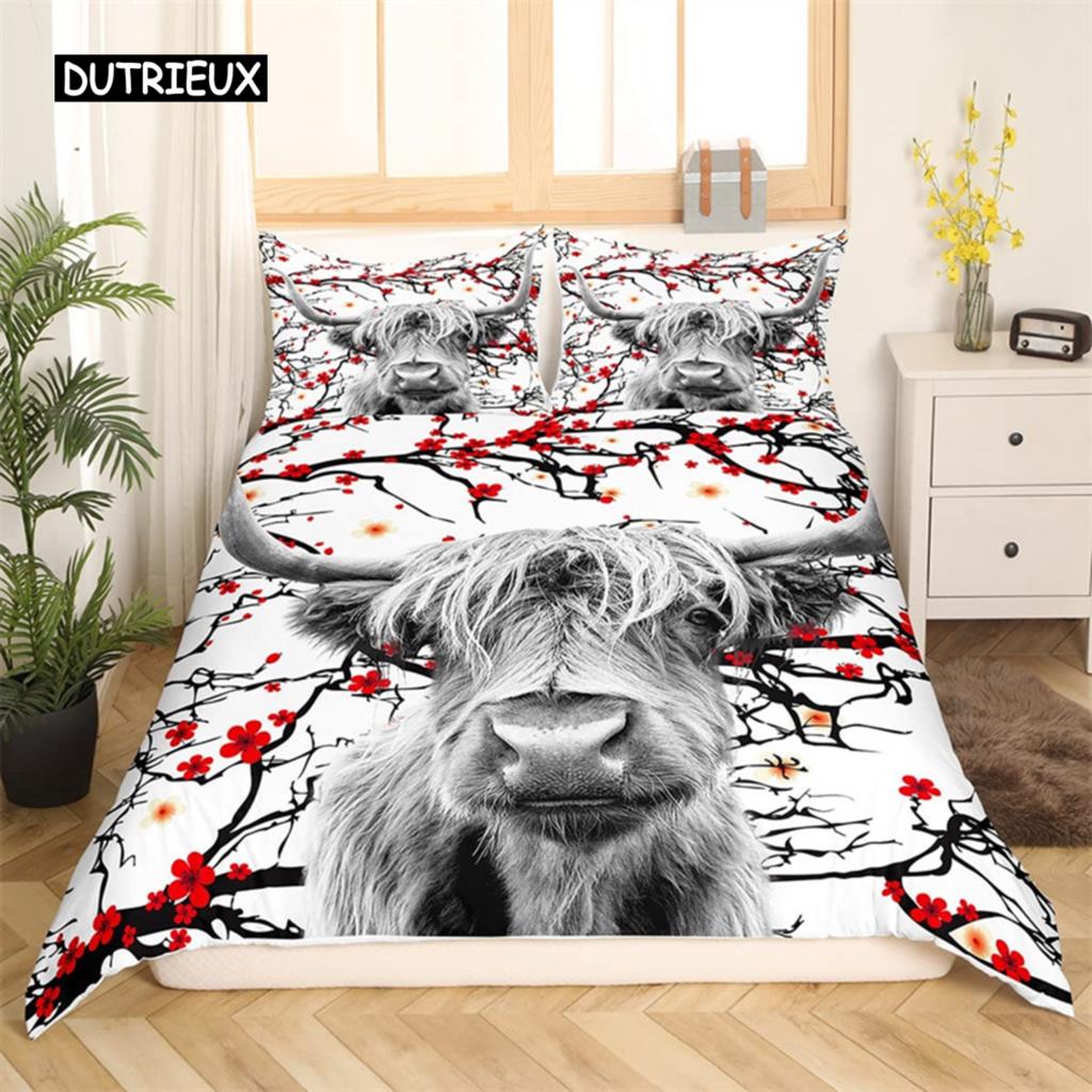 Bettbezug mit Highland-Kuh-Motiv, Western-Bettwäscheset mit Bauernhoftieren, King-Size-Bett, für Jungen und Mädchen, Mikrofaser, Blumenmuster, Bullen- und Rinder-Bettbezug