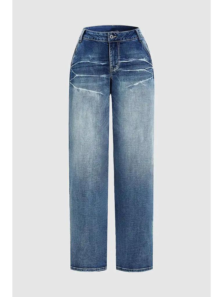 2026 Spring Women's High-Waisted Retro Wide-Leg Jeans - Washed, Faded, Loose, Straight, Floor-Length