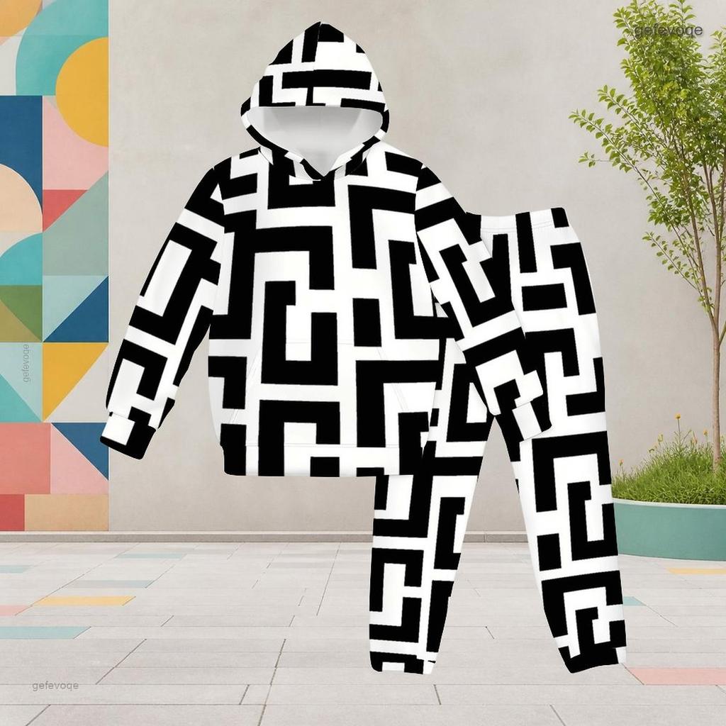 Girls Geometric Printed Hooded Long Sleeve Kangaroo Pocket Cuffed Pants Two Piece Set