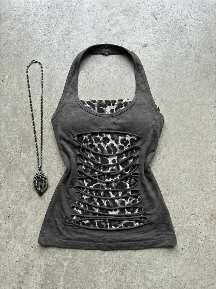 

TrendHub Эстетика Y2k Топ на бретельках с леопардовым принтом Имитация двойки Женские Пэчворк Укороченные топы Харадзюку Гранж Винтаж Облегающий Топ-майка S