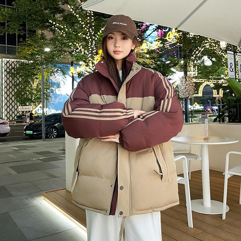 Padded-on men's new winter thickened couple padded jacket warm striped jacket men's versatile winter stand-up collar padded clothes women