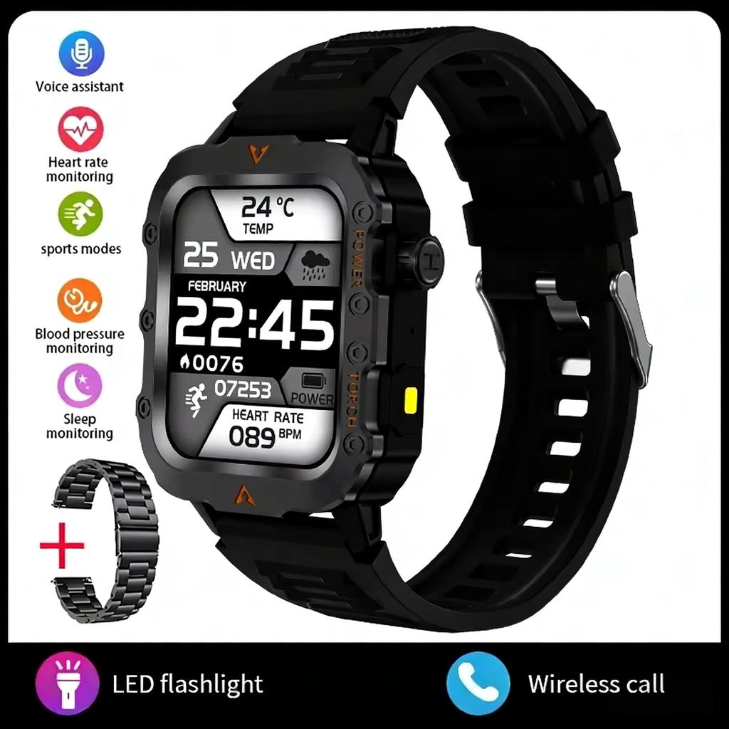 New Men's Smart Watch Outdoor Sports Watch 1.85 Inch Voice Assistant Bluetooth Call LED Flashlight Smartwatch