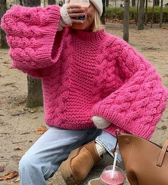 Crew Neck Wide Sleeve Sweater Loose Lazy Versatile Solid Color Fashion Temperament Versatile Knitted Top Women