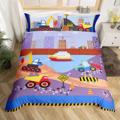 Truck Excavator Duvet Cover Set Queen Size for Kids Nursery Cartoon Tractor Engineering Vehicle Construction Theme Bedding Set