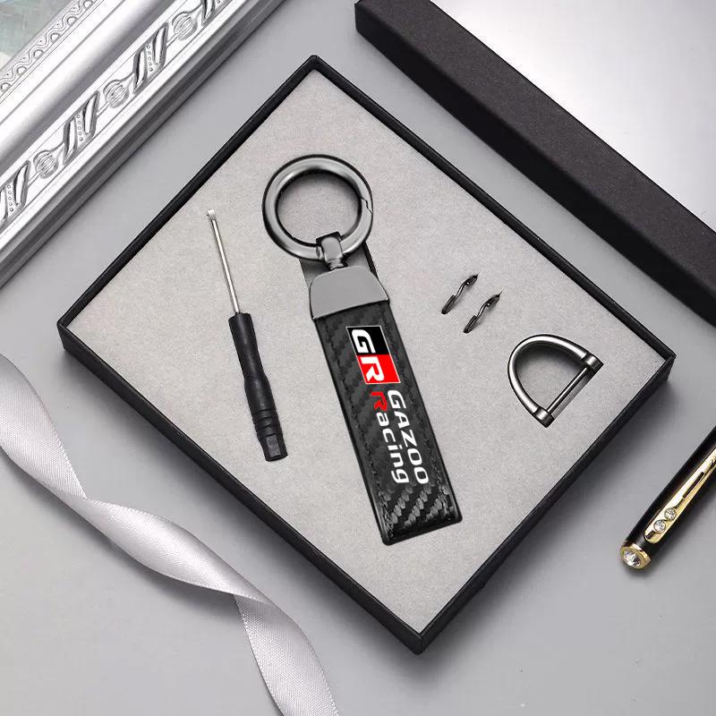 1PC Carbon fiber Car Keychain Key Ring Metal Leather For Toyota GR GAZOO RACING Toyota Yaris Hilux Corolla Prius Accessories
