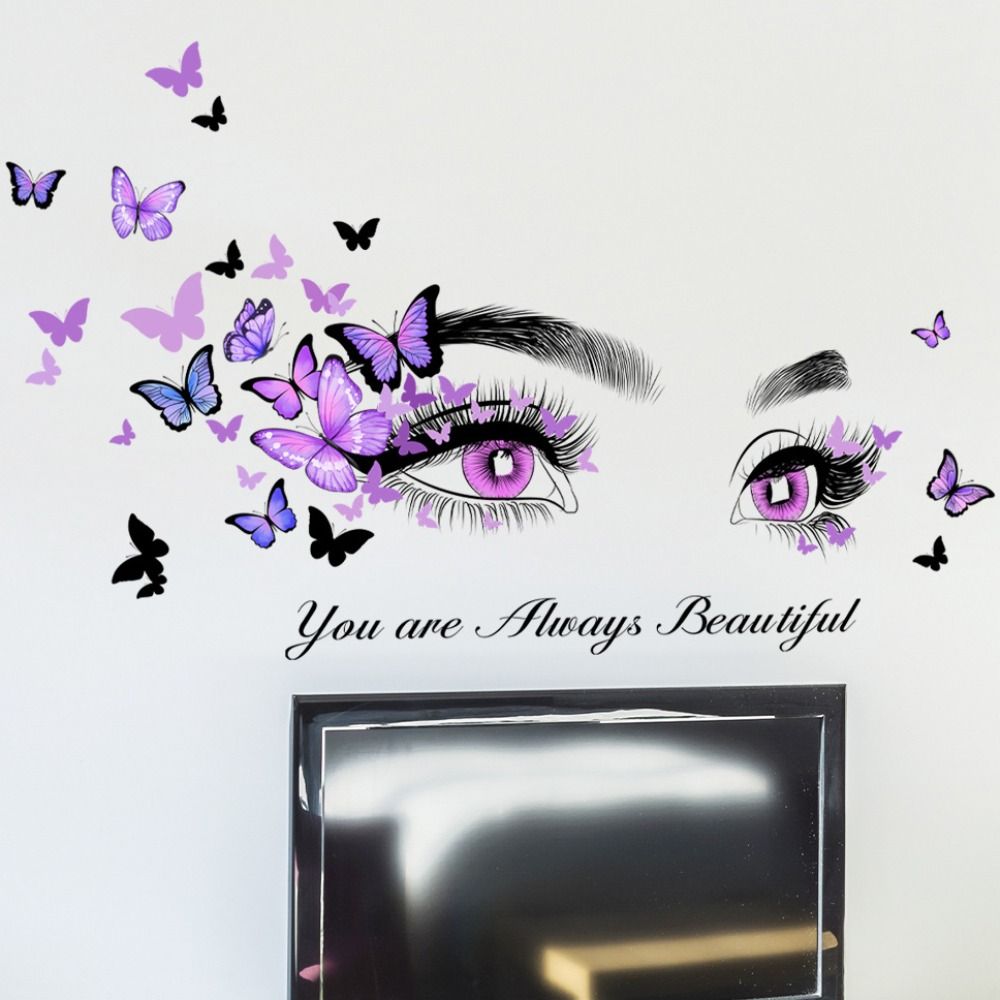 PVC Purple Eyes Decal English Slogan Butterfly Wall Stickers Modern   Bedroom