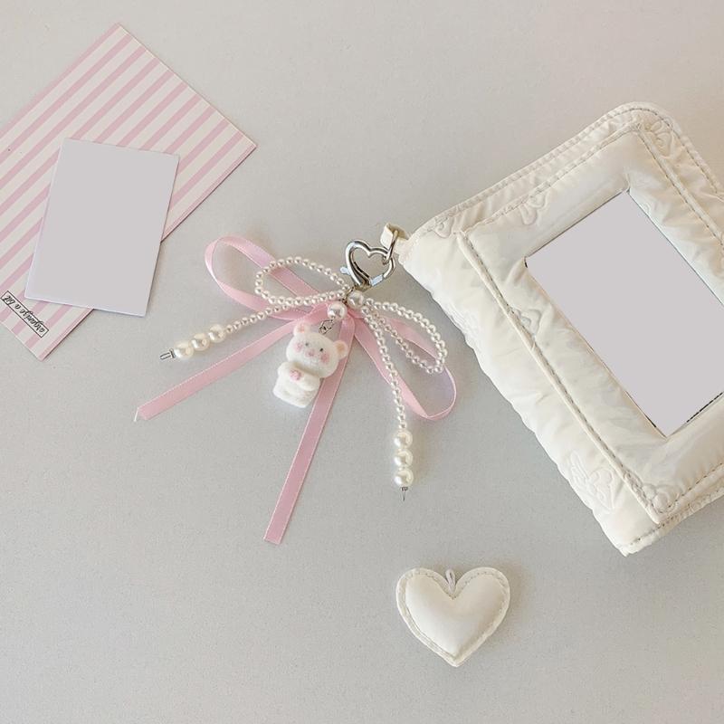 Stylish Flocking Bear Keychain With Pearls Accent and Ribbon Bowknot Stylish Purse Or Car Key Holder Accessory