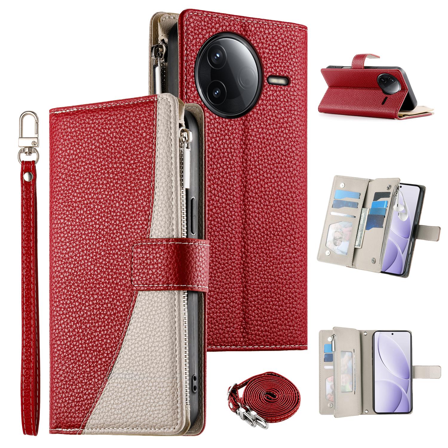 

Leather Case For Xiaomi Redmi K80 Pro 5G/K80 5G/Poco F7 Pro 5G/F7 Ultra 5G Zipper Wallet Color Splicing Flip Phone Cover with Straps Red