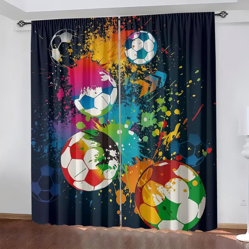2 Pcs Colorful Football Print Curtains,suitable for Bedroom,living Room Kitchen Decoration,home Decoration,window Decoration