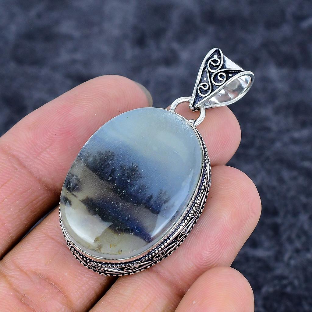 Dendrite Opal Gemstone Handmade 925 Sterling Silver Jewelry Pendant 2.09" M-3271