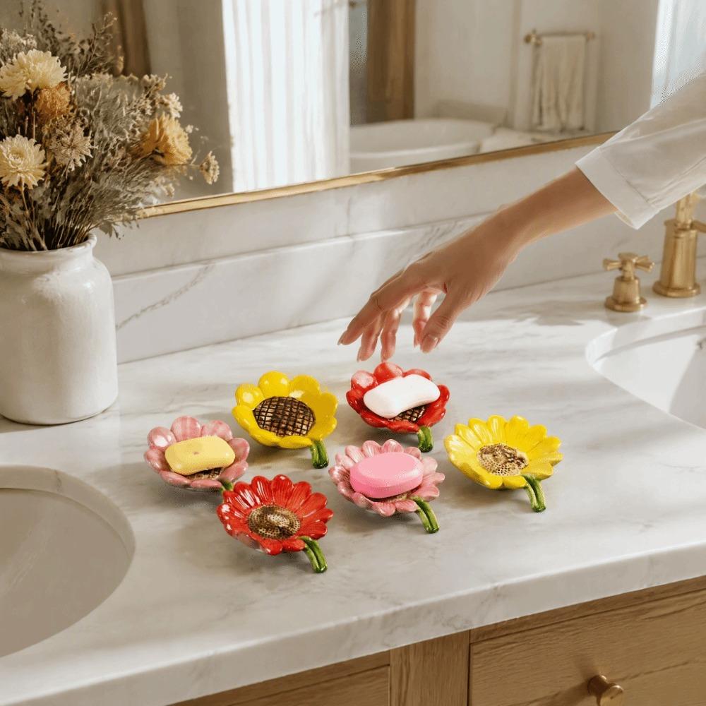 Sunflower-shaped Ceramic Soap Dish Non-slip Draining Tray Ceramic Soap Tray Compact Vintage Soap Holder Bathroom Decoration