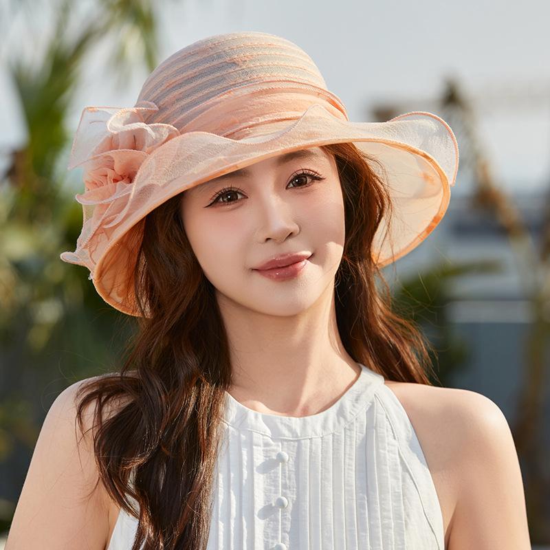 New Organza Sun Hat Children Spring and Summer Versatile Elegant Retro Flower Bucket Hat Sun Protection Breathable Cool Hat