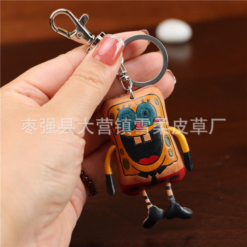 First Layer Cowhide Creative Spongebob Squarepants Keychain Bag Pendant Mini Cute Cowhide Bag Accessories Gifts