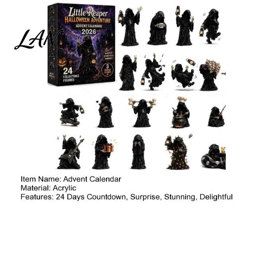 Haunted House Decor Grim Reaper Advent Calendar 2026, 24-Day Halloween Countdown with 24 Collectibles Pcs Mini 2D Flat Black Robed Figures for