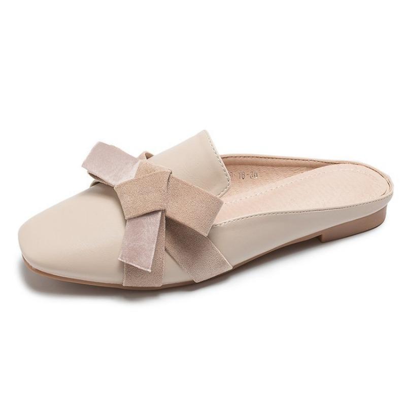 

New flat-bottomed bag head one-word sandals women s versatile fashion outer wear casual bow women s slippers 39 бежевый