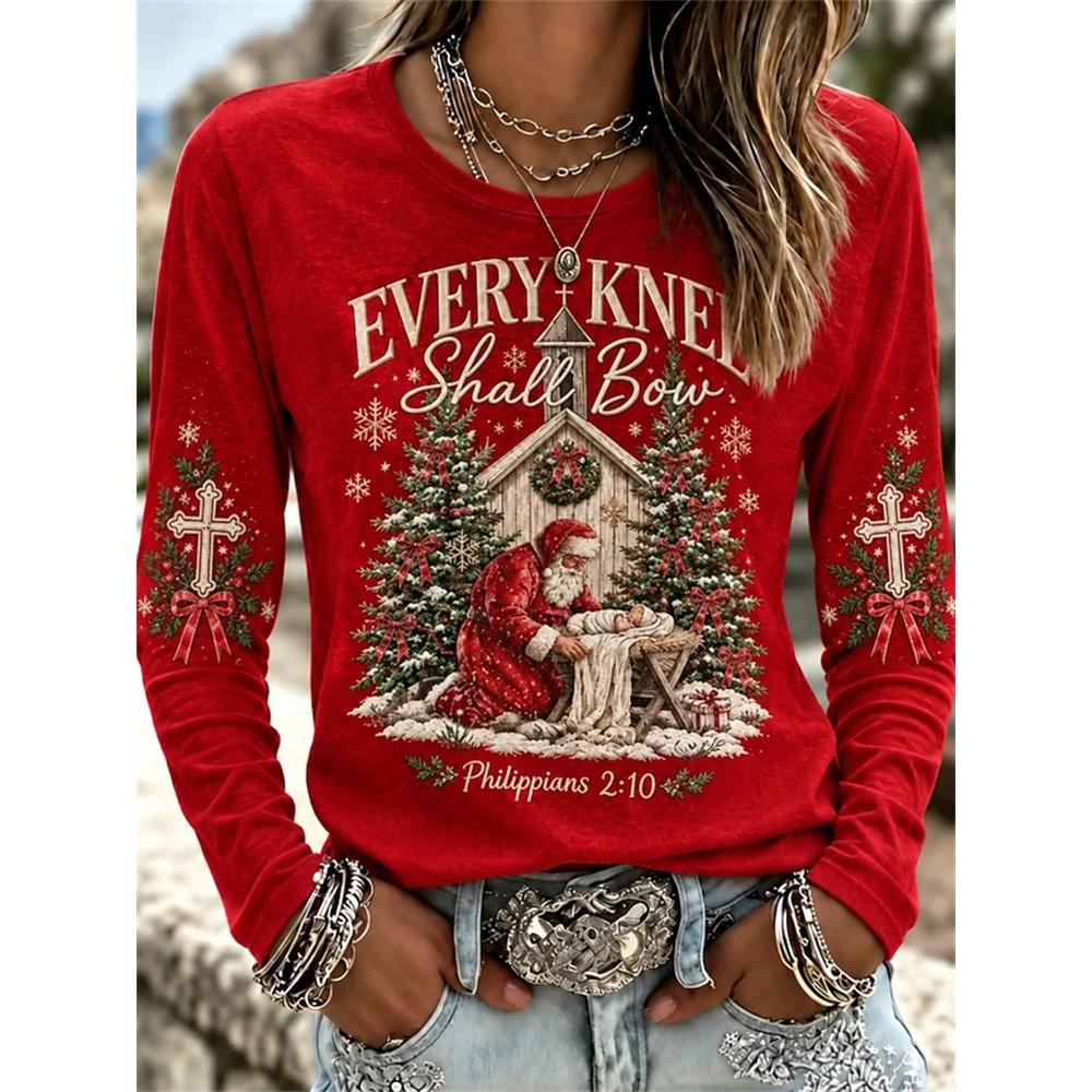 Women’s Autumn Long-Sleeve Christmas T-Shirt Crew-Neck Pullover with Holiday Letter Print Loose Fit Casual Street-Style Top