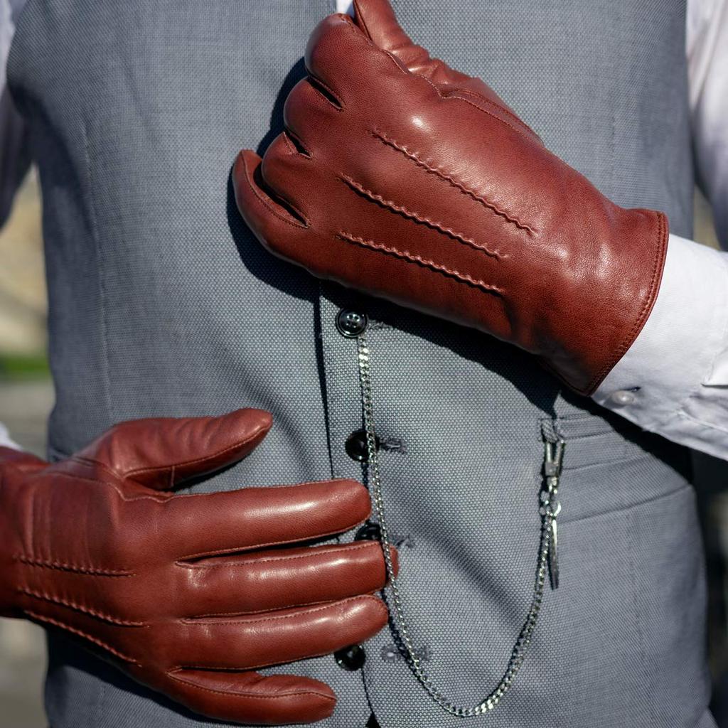 Harssidanzar Luxury Italian Sheepskin Leather Gloves with Cashmere Stitching for Dark Size S Men's Warmth, Brown,