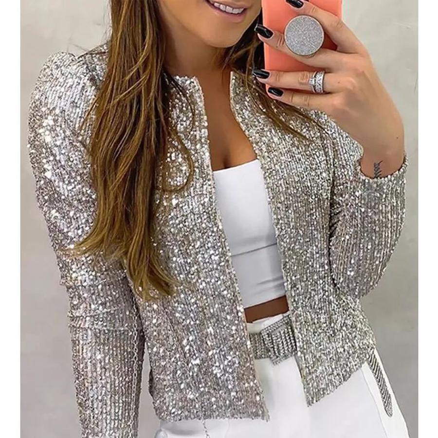 Lente Nieuwe Damesmode Opstaande Kraag Patchwork Pailletten Jas Kort Casual Veelzijdig Bovenkleding