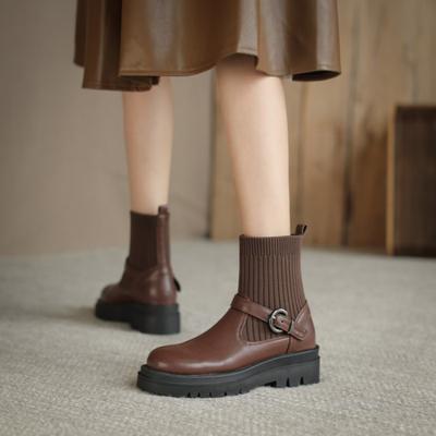 Damen-Mittelstiefel mit dicker Sohle und rutschfest für Herbst und Winter, flacher Absatz, große Größe, runde Spitze, bequeme Schlupf-Lederstiefel, koreanische Version von