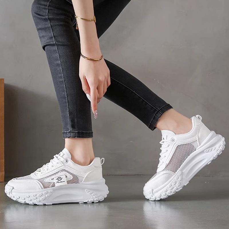 Women's Shoes New Summer Breathable Mesh Surface Thin Hollow Sports Dad Shoes Show Feet Small Height Increasing Fried Street