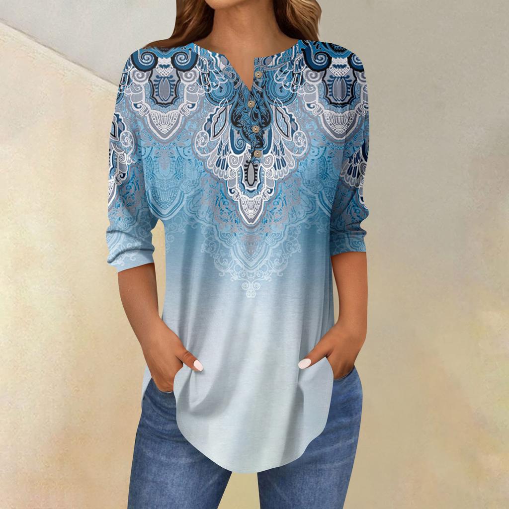 Tee Shirts For Women Fall Casual 3/4 Long Sleeve Button Shirts Sweatshirt Vintage  Top Pullover