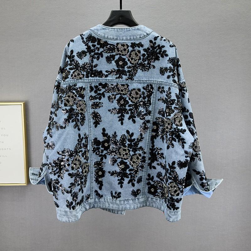 2026 Fall Winter Heavy Embroidered Sequin Denim Jacket Women Vintage Streetwear Trendy Outerwear
